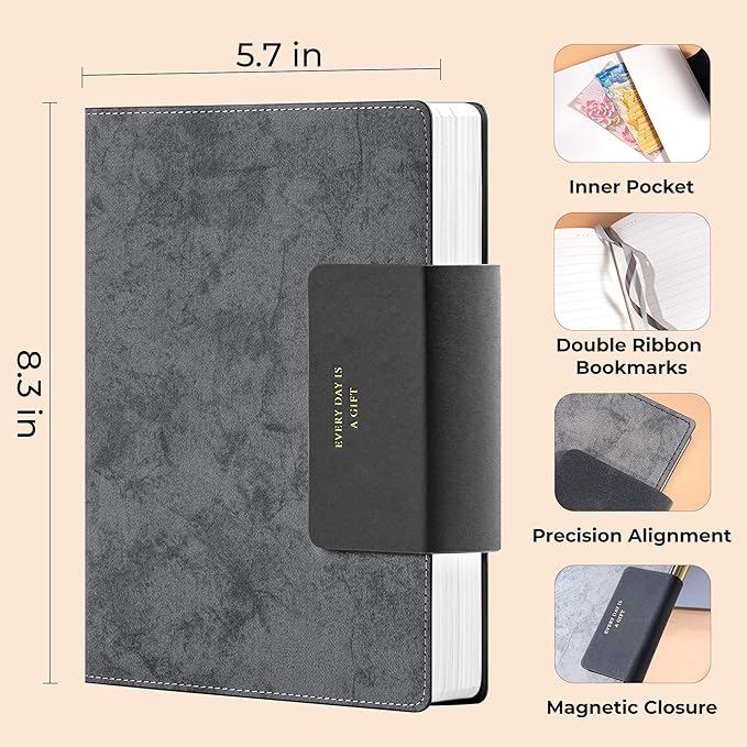 MINICAGIE Lined Leather Journals for Writing A5 Journaling Notebooks with 100 GSM Thick Paper Journal Notebook for Men & Women with Buckle Closure, Work Travel Note Taking Diary, 5.7" x 8.3", Grey