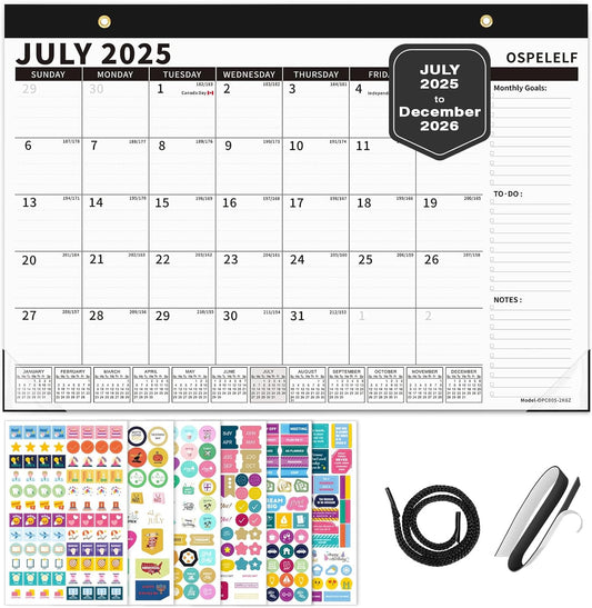 Ospelelf Magnetic Calendar 2025-2026 for Refrigerator, Desk Wall Calendar, July 2025 to December 2026, Monthly Large Planner Pad with Plastic Cover 17" X 12" Black