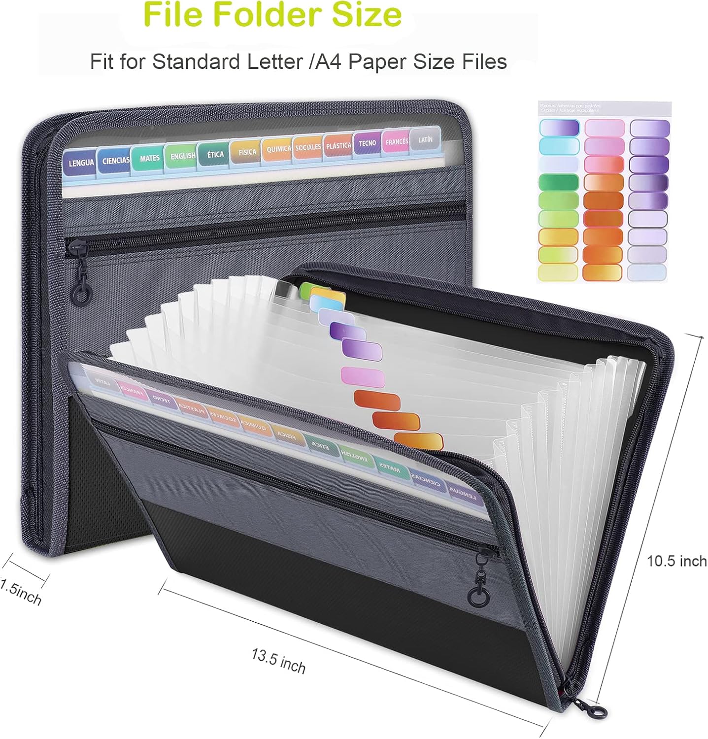 MEGREZ Expanding File Folder with 13 Pockets, 2 Pack A4 Paper File Folder with Zipper Color Labels, Waterproof Accordion File Folder Organizer for Home Office, Blue & Black