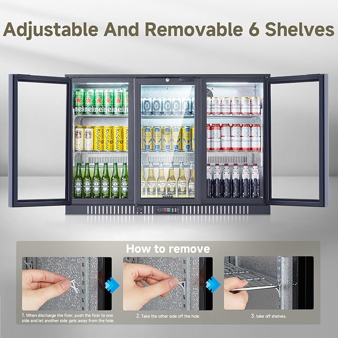 BODEGACOOLER Back Bar Cooler With 3 Glass Doors,Counter Height Commercial Beverage Refrigerator,11.4 Cu.Ft Display Bar Beverage Fridge with LED Lighting,21 inch Cooler for Beer,Soda Drinks,Wine