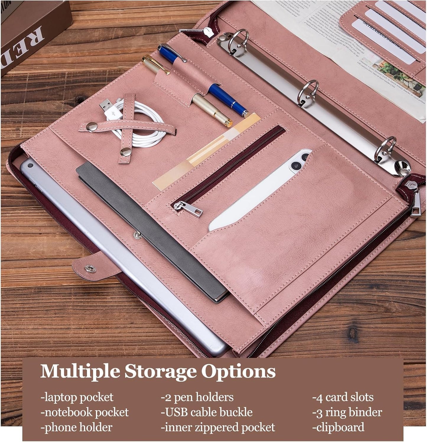 Vegan Leather Portfolio 3 Ring Binder with Clipboard, Hidden Handle, 8.5 x 11 Zippered Padfolio, Business Organizer Professional Executive Folio for Women, Pink