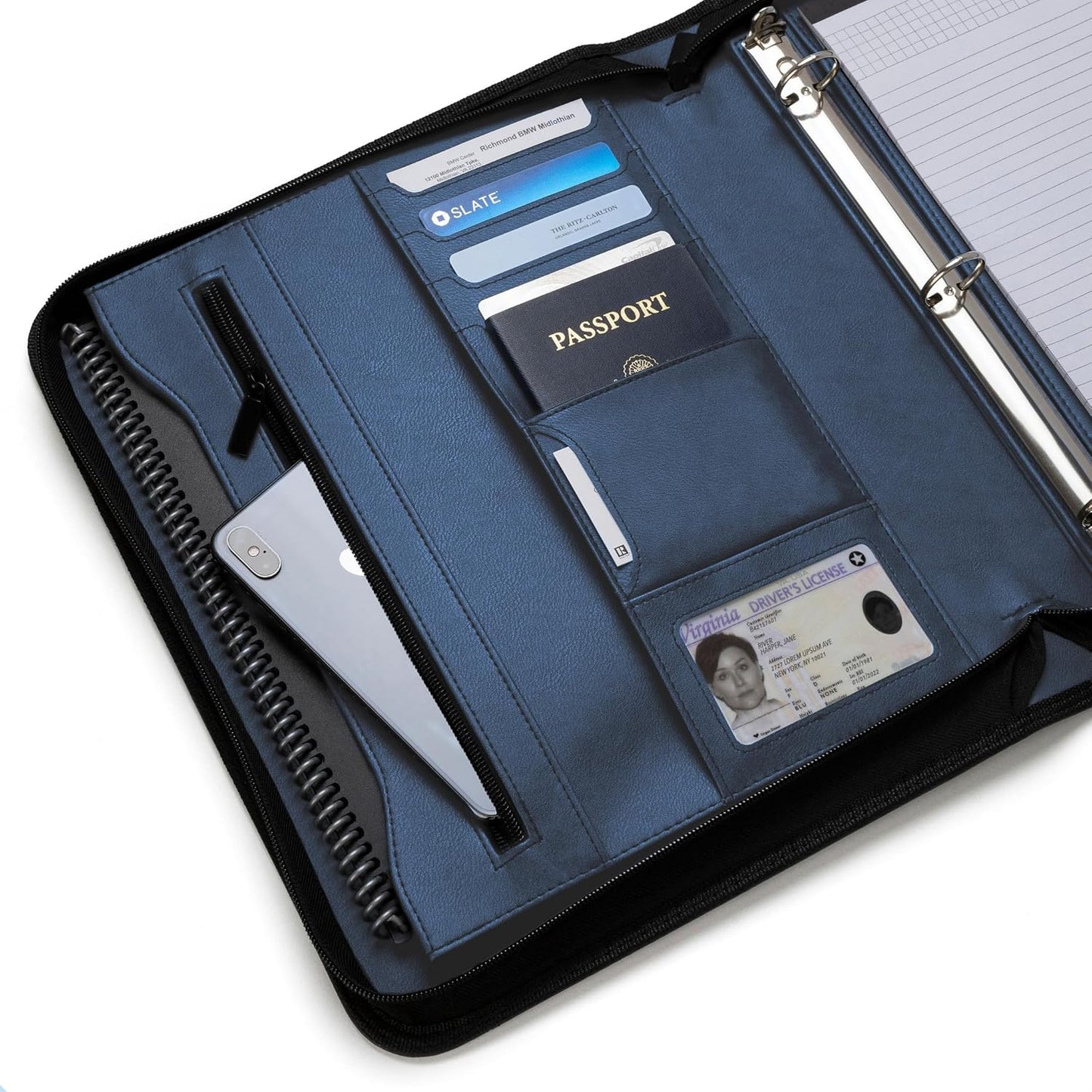 Padfolio Binder - Professional Faux Leather Travel Organizer Pouch for Tablet, Documents, Presentation Folders, Zipper Closure, Removable 3-Ring Notepad - Blue