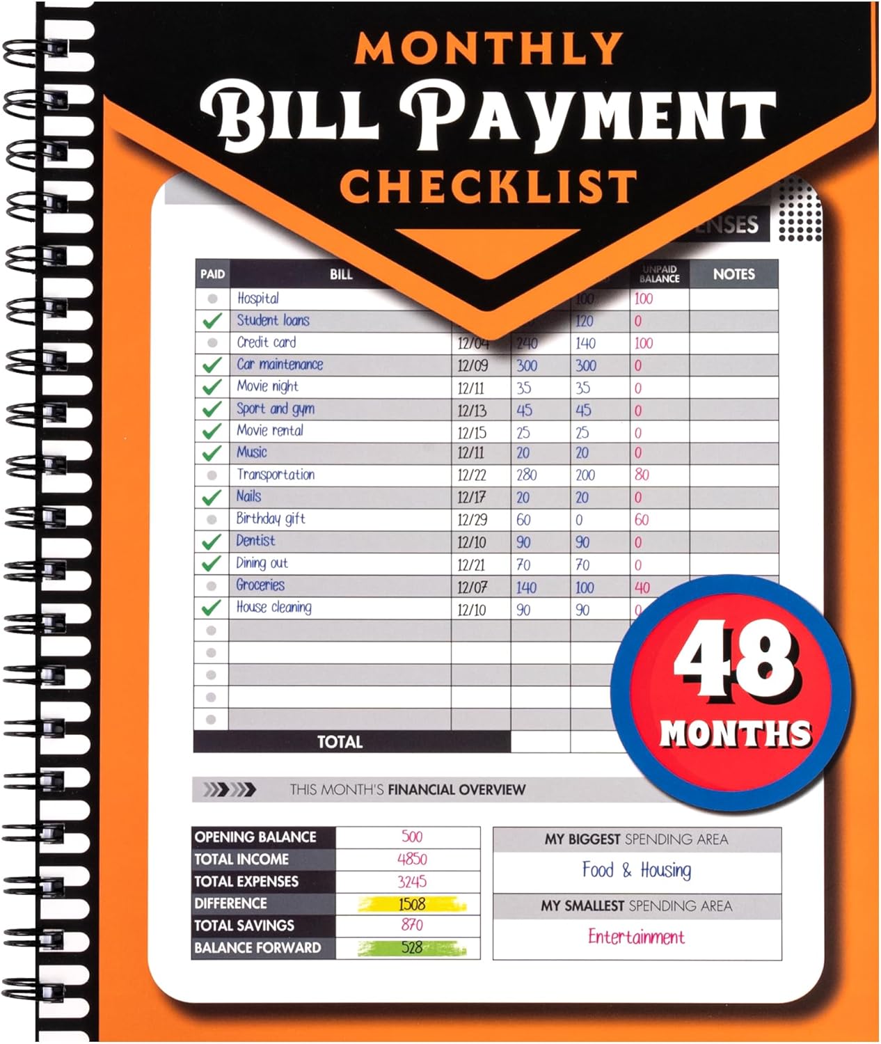 Monthly Bill Payment Checklist: Bill Tracker Notebook With Spiral Binding 8"x10" The 4-Year Guide for Families & Money Managers, 960 Billing Records Included (Gold)