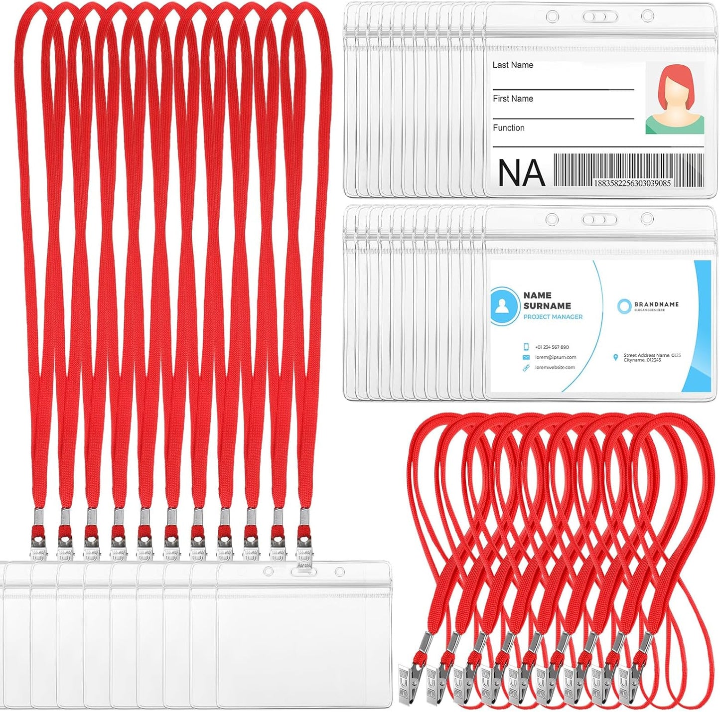 Marspark 50 Sets Clear Name Tags with Lanyard, Lanyards for ID Badges Reusable Strap with ID Holder Plastic Name Badges for Adults Business School Church Conference (Red)
