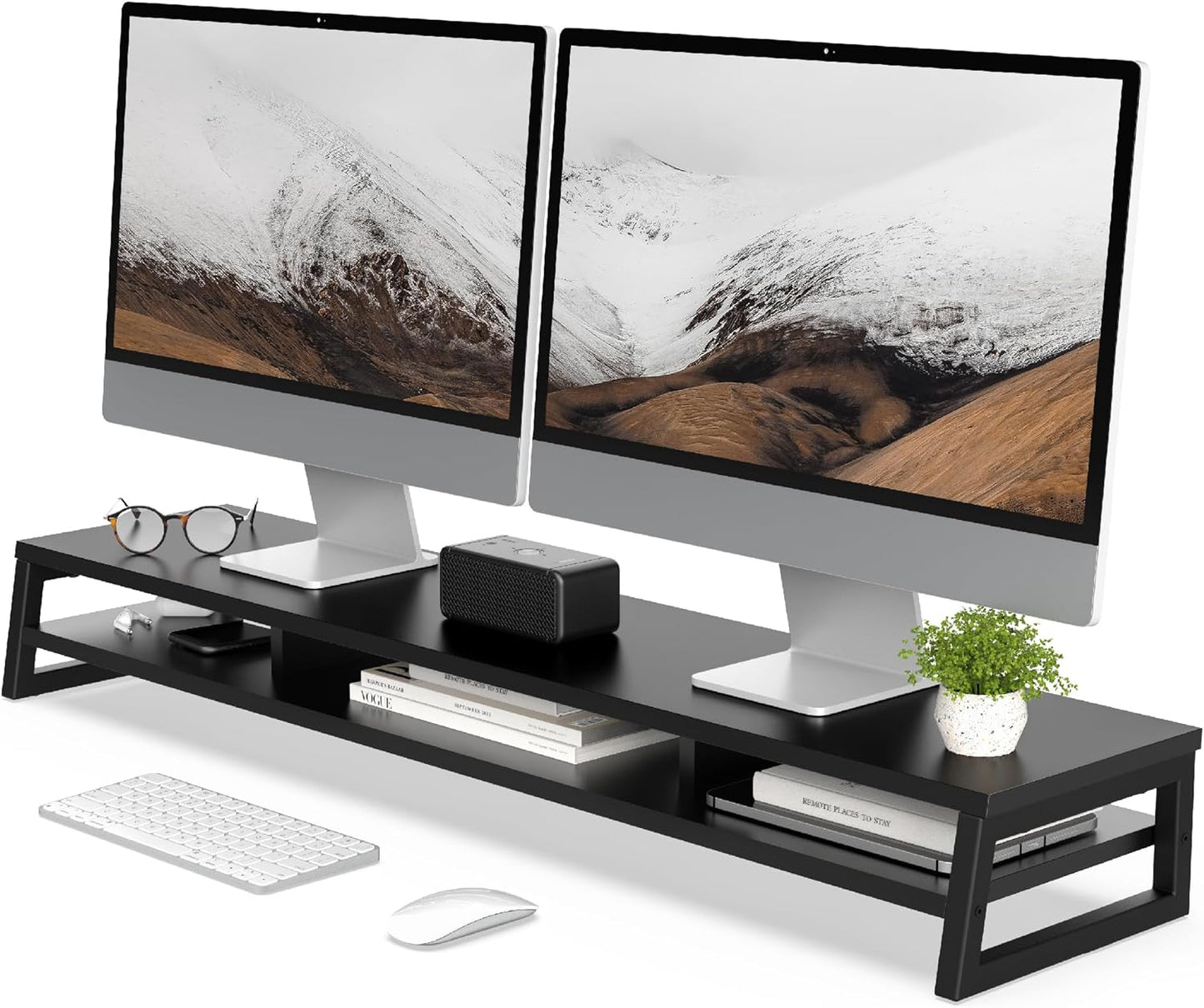 Fenge Dual Monitor Stand for Desk, 42.5in Large Monitor Riser for 2 Monitors, 2 Tier Computer Office Desk Top Shelf, Desktop Storage Stand for Laptop, PC, Computer, Printer