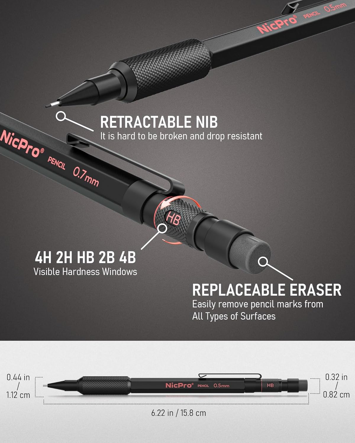 Nicpro 0.5 mm & 0.7 mm Mechanical Pencil Set with Case, MP2000 Metal Artist Mechanical Pencil With 6 Tube HB 2B Lead Refills, Eraser, Weatherproof Barrel for Outdoor Writing Drafting Sketching