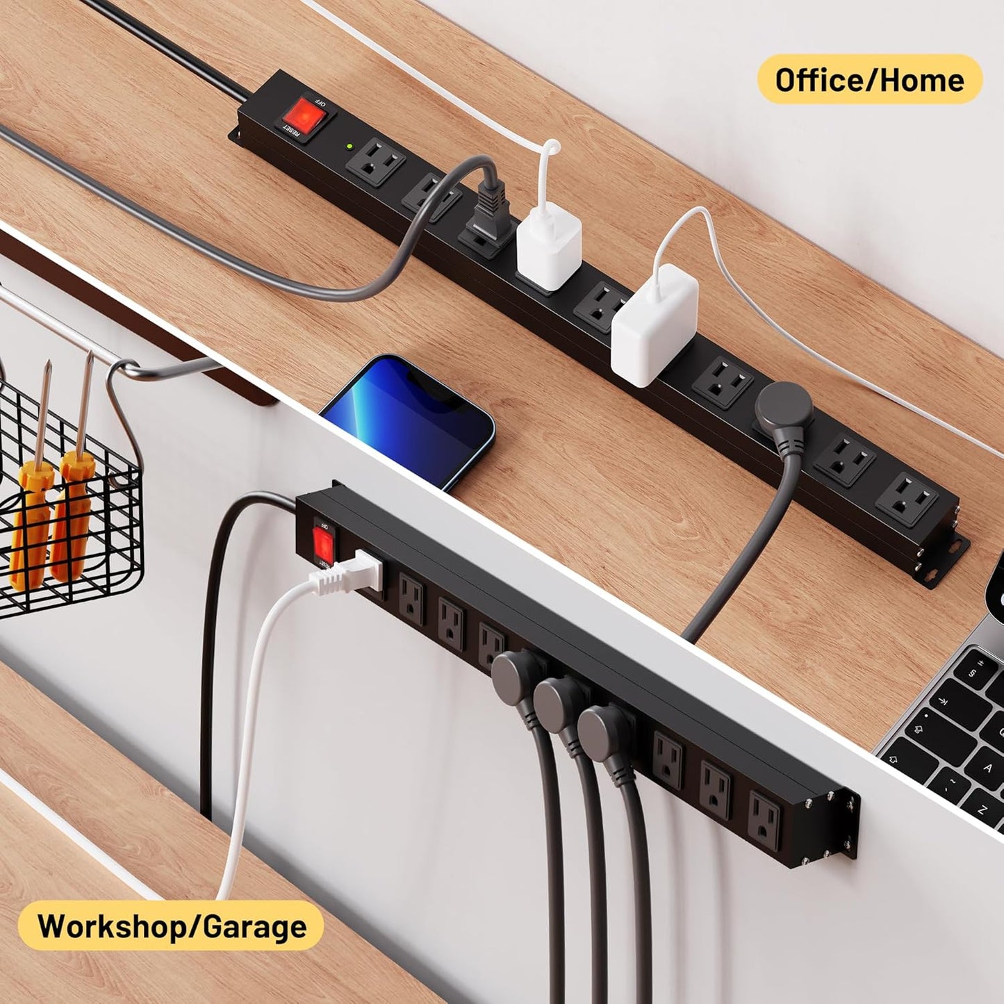 KF 10 Outlet Long Power Strip, Heavy Duty Surge Protector with 2100J, 15A/1875W Wall Mount Power Strip with Upgraded Switch, 6FT Extension Cord, Black