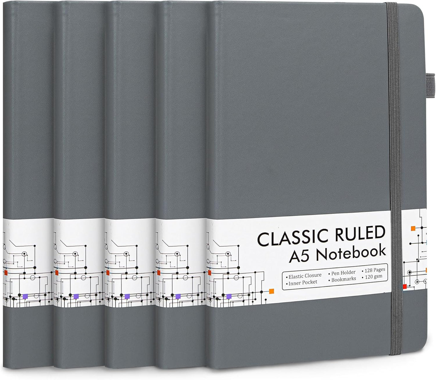 feela 5 Pack Journal Notebook Bulk for School, Hardcover Business Notebooks Classic Ruled Lined Journals with Pen Holder for Work Note Taking, with 5 Black Pens, 120 GSM, 5.1”x8.3”, A5, Gray