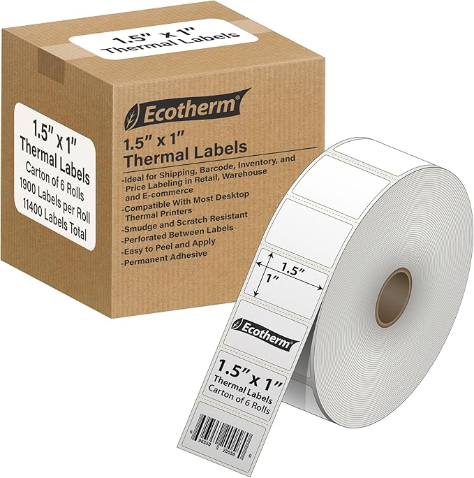 1.5" x 1" Thermal Labels | 6 Rolls | 11400 Labels | fits Zebra, Godex, Arkscan, iDPRT, Offnova Thermal Label Printers and More | Blank White Adhesive Stickers by Ecotherm