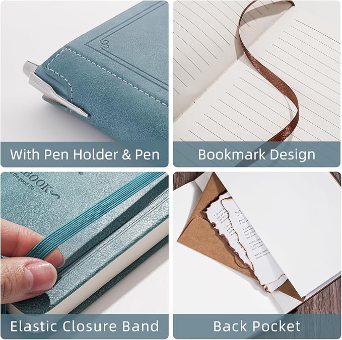 Lined Notebook Journal for Women Men 320 Pages A5 Hardcover Leather with Pen Holder College Ruled Journals for Work Note Taking Travel School Sky Blue