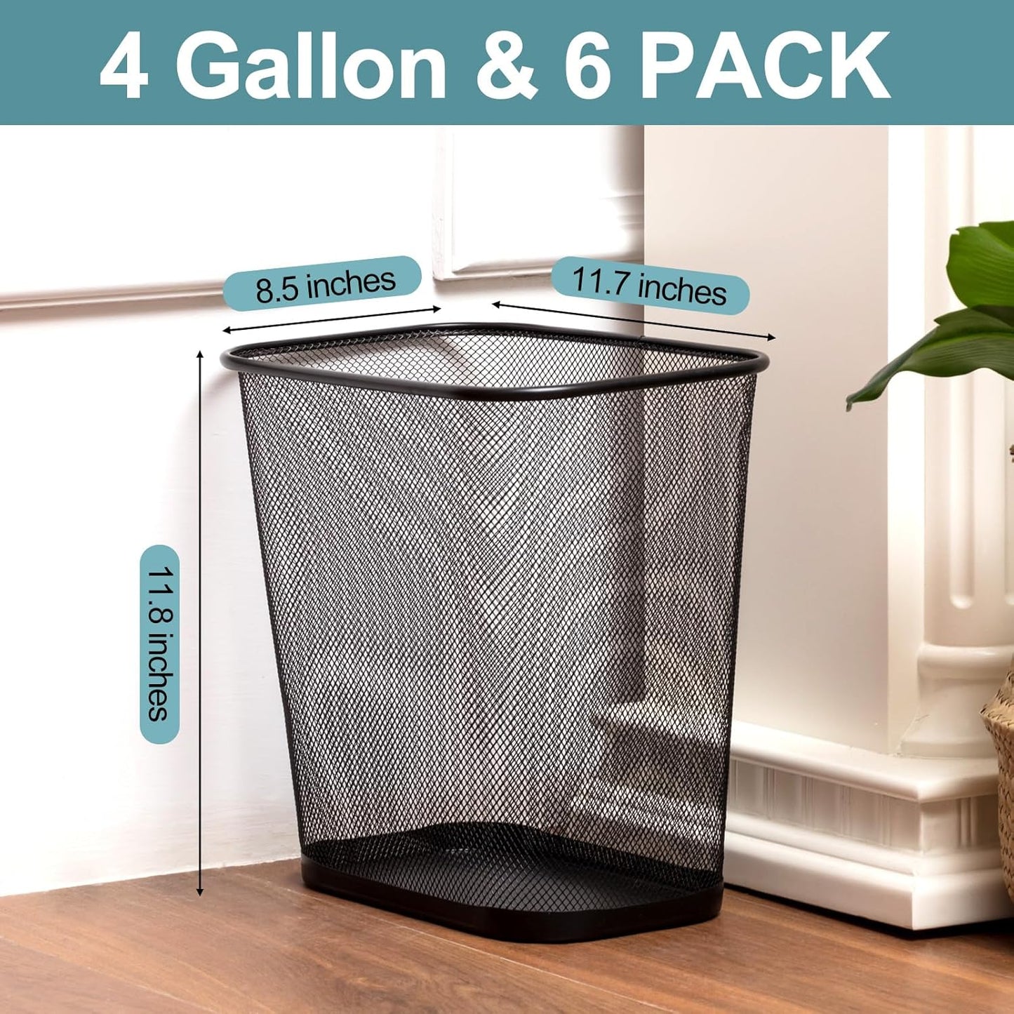 6 Pieces Mesh Square Trash Cans 4 Gallons Wire Wastebasket for Home Black Metal Office Garbage Cans Rectangular Open Top Trash Bin for Kitchen Bathroom Bedroom Dorm Room, 11.7 x 8.5 x 11.8 Inch