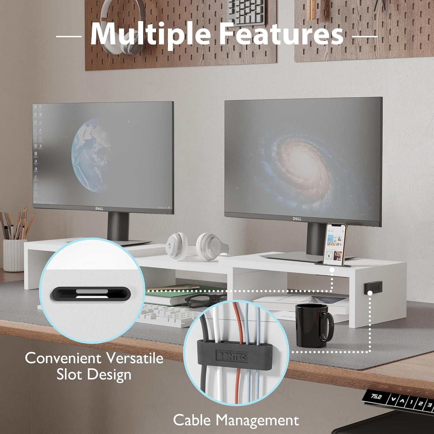 BONTEC Dual Monitor Stand Riser with Smartphone Holder, Adjustable Length & Swivel Angle, Ergonomic Wooden Desktop Organizer for PC Monitor, Laptop, Printer, Large Storage, White