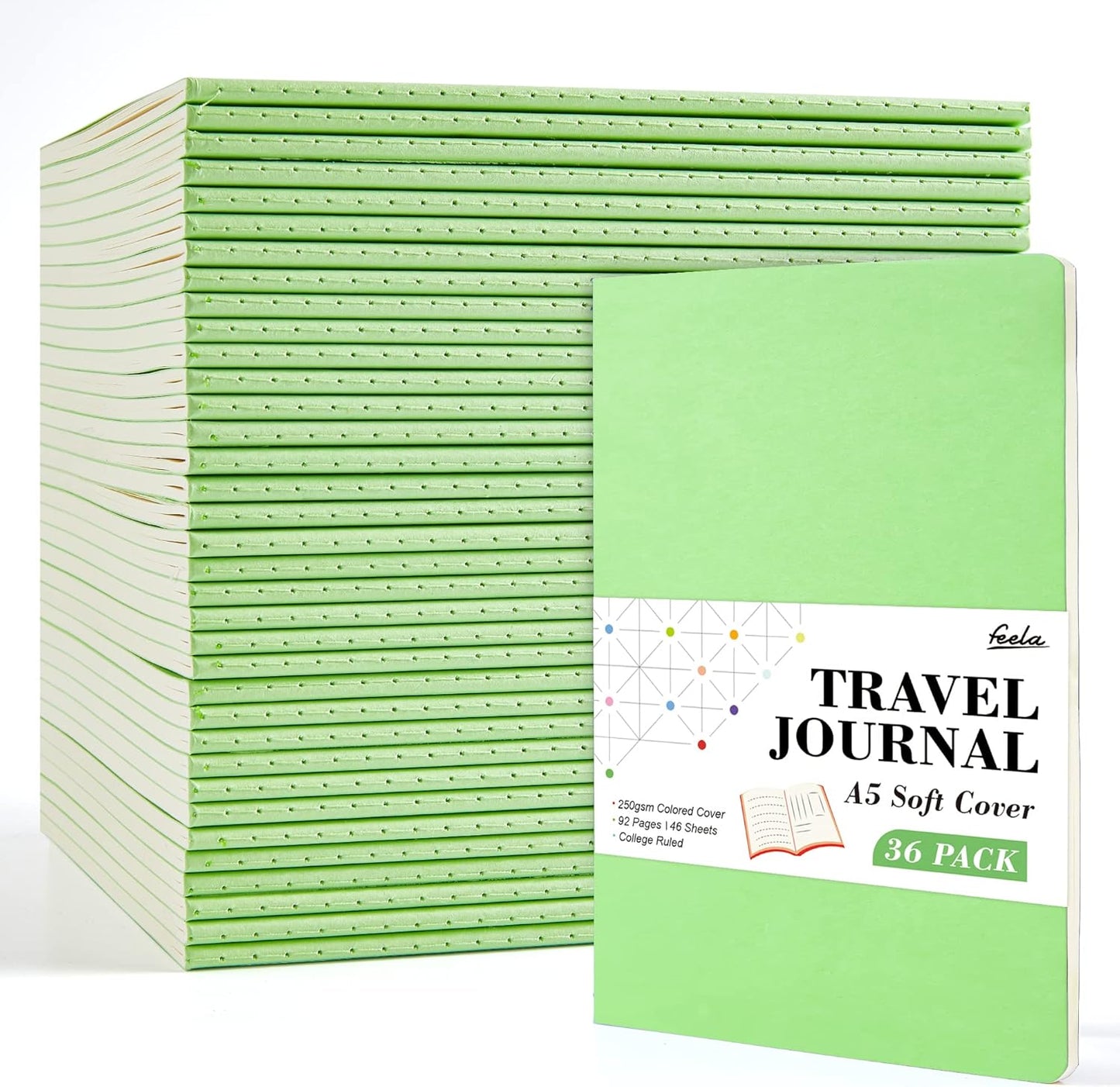 36 Pack Soft Cover Journal Bulk, Feela Lined Blank Travel Journal for Women Men Writing, Notebooks College Ruled for Work, Note Taking Notebook School Business Supplies, 8.2” x 5.5”, A5, Light Green