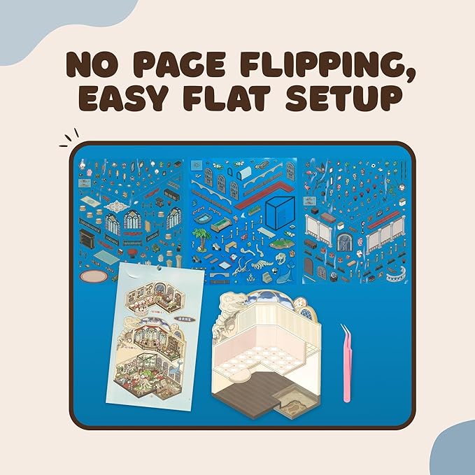 Foldable 3D Sticker Scene Kit - Interactive Large Sticker Scenes with Layeres for Adults & Kids, Detailed Miniature Scene Stickers Book Style with Tweezer, Creative Sticker Therapy Gift.