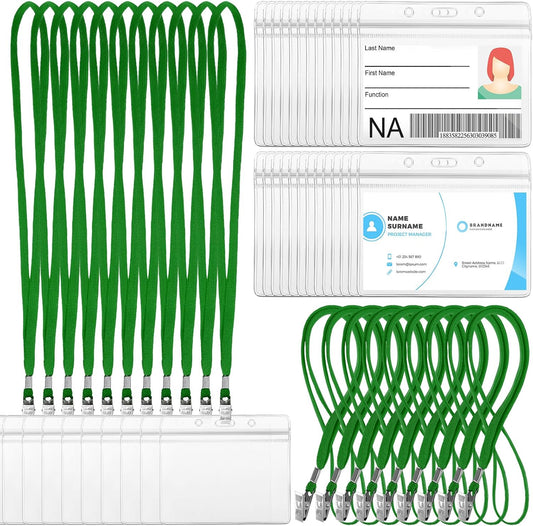 Marspark 50 Sets Clear Name Tags with Lanyard, Lanyards for ID Badges Reusable Strap with ID Holder Plastic Name Badges for Adults Business School Church Conference (Green)