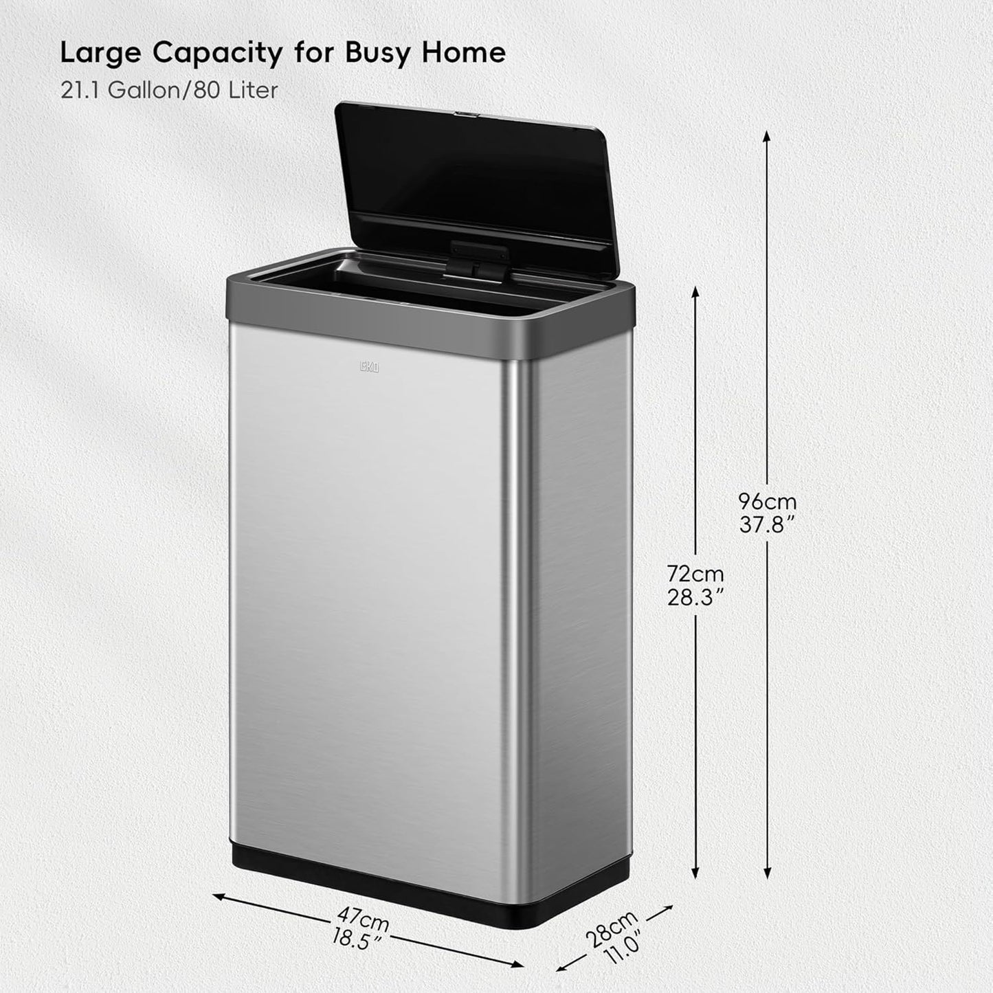 EKO Mirage X 80 Liter / 21.1 Gallons Motion Sensor Trash Can, Automatic Large Kitchen Trash Can Touchless, Stainless Steel