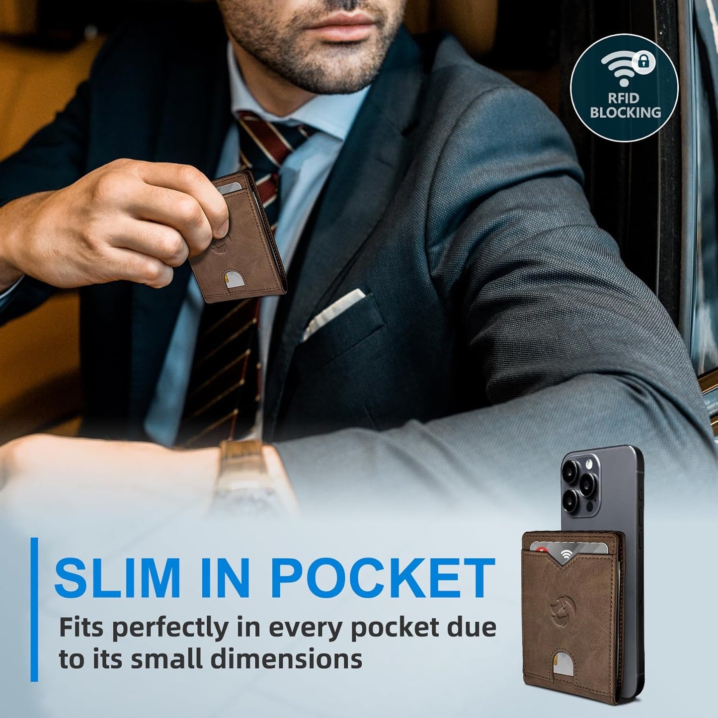 Wallet for Men Wallet with Cash Pocket 2 ID Window 13 Cards,Slim Leather Wallet Front Pocket Card Holder RFID Blocking with Gift Box