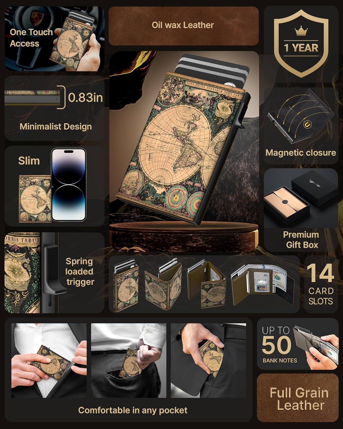 typecase Mens Wallet Card Holder: Pop Up Aluminum Case, Carbon Fiber Leather, Smart, RFID Blocking, Slim, Minimalist, Front Pocket - 9-14 Card Capacity | ID Window | Cash Slot (Map)