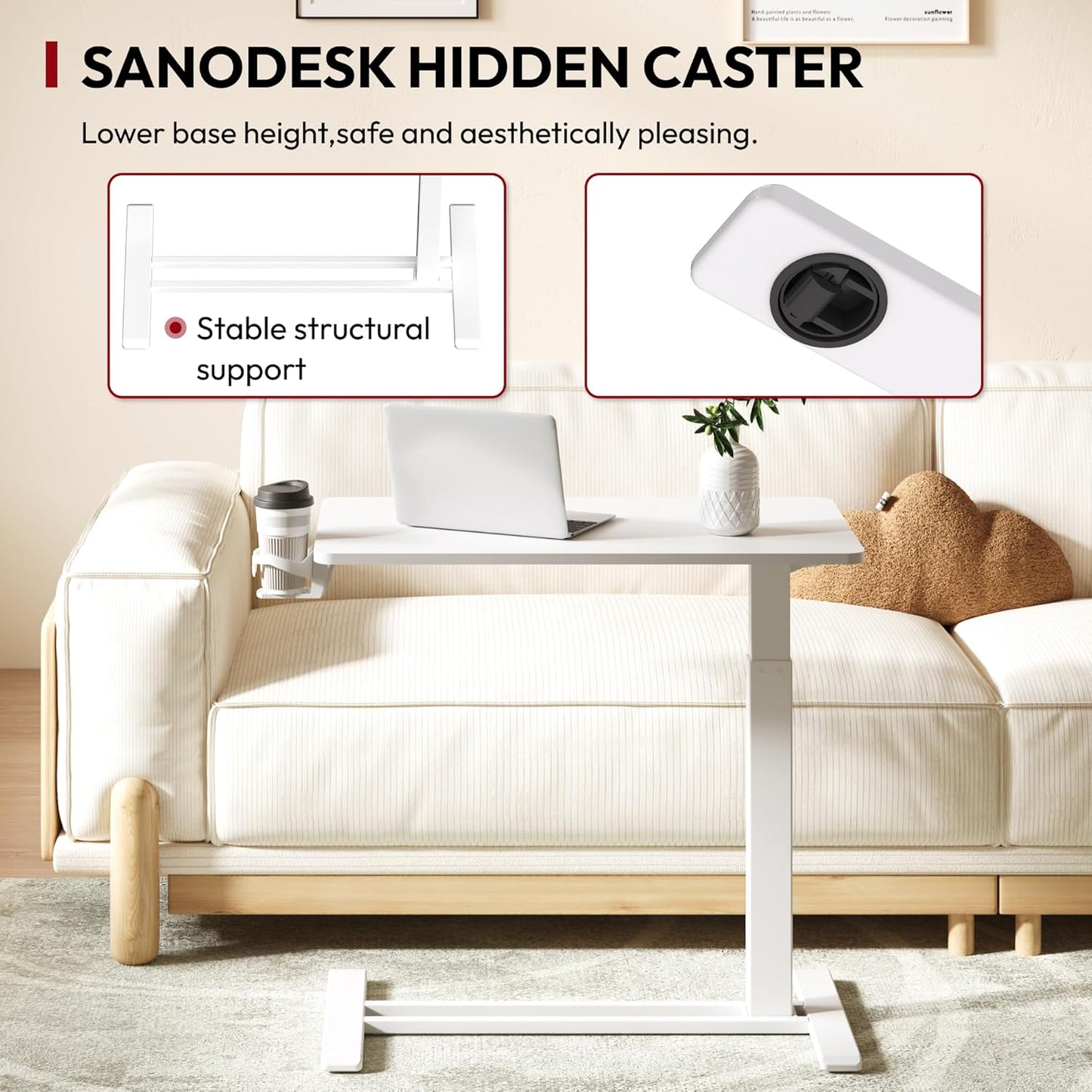 SANODESK Mobile Standing Desk with Hidden Wheels,Pneumatic Laptop Desk Rolling Computer Cart Movable Height Adjustable Small Sit Stand Desk for Home Office(31.5" W x 15.7" D,White)