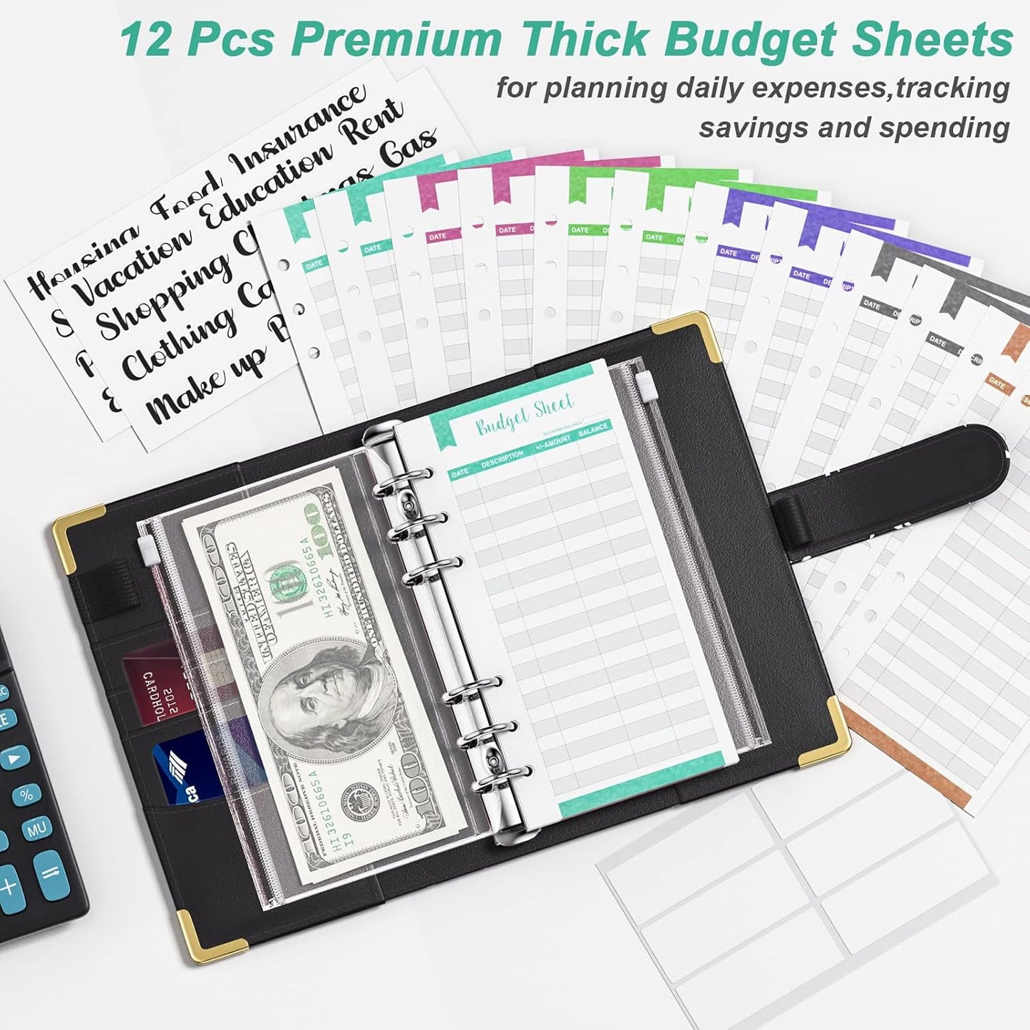 Rnivvi Budget Binder with Zipper Envelopes, A6 Money Saving Binder Cash Envelopes for Budgeting, PU Leather Planner Money Organizer for Cash Bills, Cute Marble System Wallet for Women Men, Black