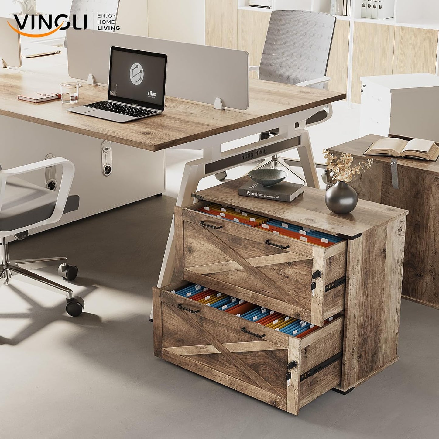 VINGLI 2 Drawer File Cabinet with Lock, Home Office Filing Organizer, for Letter Legal A4 Size File Folder Storage, Modern Farmhouse, Wood Lateral Filing Cabinet, Archivador (Rustic Gray)