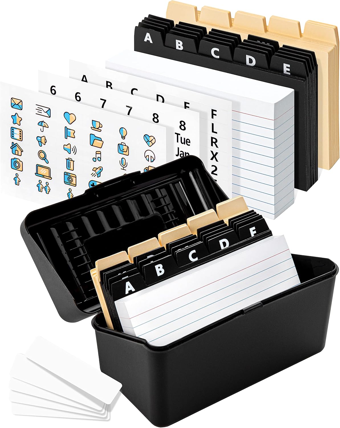 Black Index Card Holder 4x6 - Index Card Box With Index Dividers, Ruled Cards & Stickers - Recipe & Flash Card Holder Box Organizer