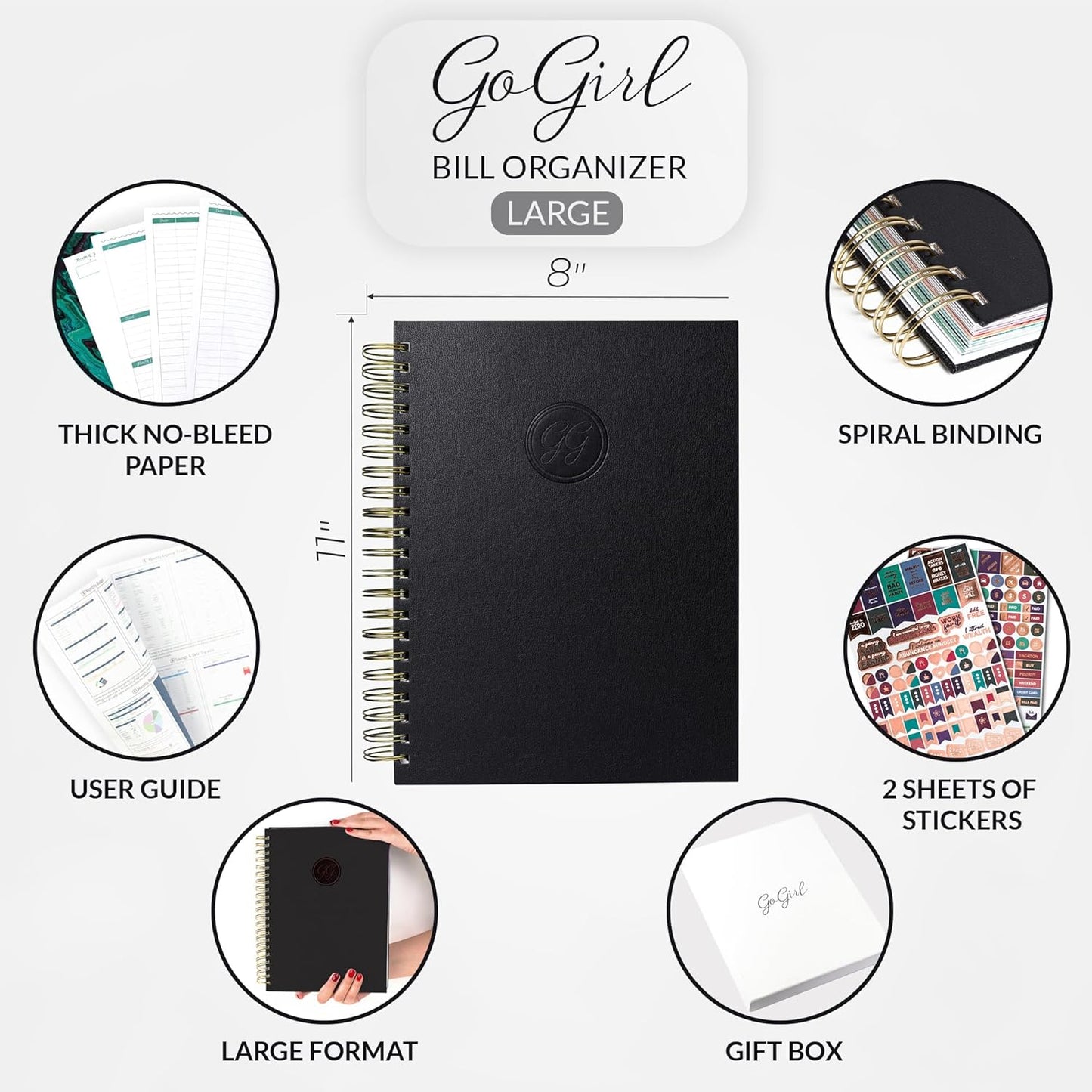 GoGirl Budget Planner & Monthly Bill Organizer – Monthly Financial Book with Pockets. Expense Tracker Notebook Journal, Large (Black)