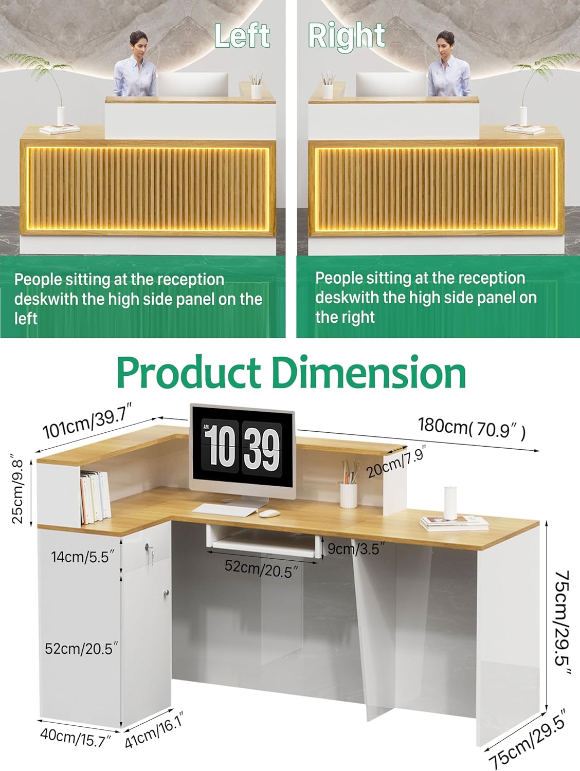 L Shaped Reception Desk, Solid Wood Front Desk with Counter & Lockable Drawers, Retail Checkout Customer 2 Person Secretary Desks for Home Office Lobby Store (70in,Right)