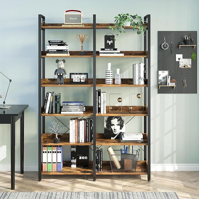 Seventable Bookshelf 6 Tier with 4 Hooks, 67” Industrial Wooden Bookcase, Vintage Storage Rack with Open Shelves, Rustic Standing Bookshelves Metal Frame 43.3” Wide Display Rack, Rustic Brown