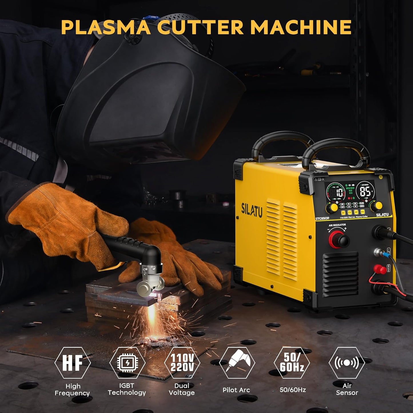 SILATU 85Amps Plasma Cutter, Large LED Display, Non-Touch Pilot Arc, Air Sensor Technology, 110/220V Dual Voltage IGBT Inverter Plasma Cutter Machine, 1'' Clean Cutting Thickness for Beginners DIY