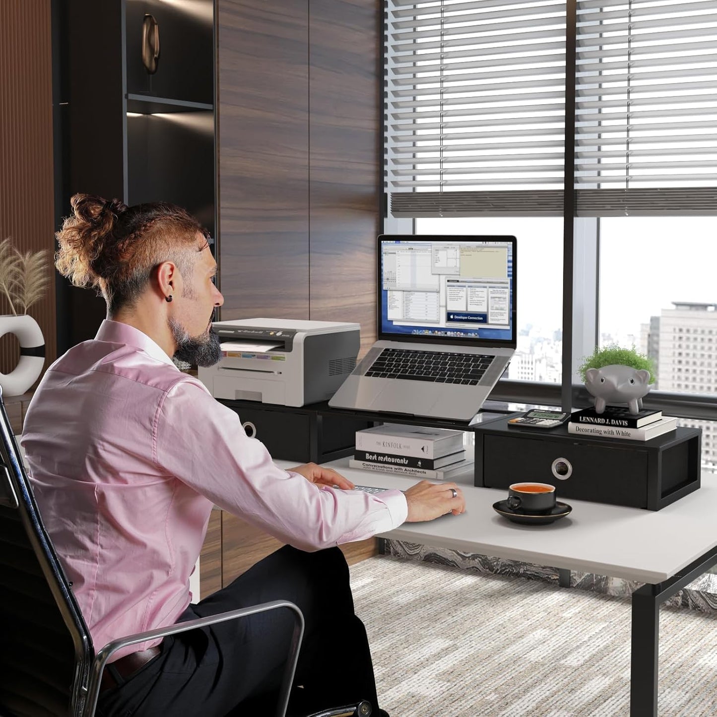 WESTREE Monitor Stand Riser with Adjustable Laptop Stand Riser, Steel Frame Dual Monitor Stand with Two Drawers for 2 Monitors, Desktop Oraganizer Stand for Computer,Laptop,Screen