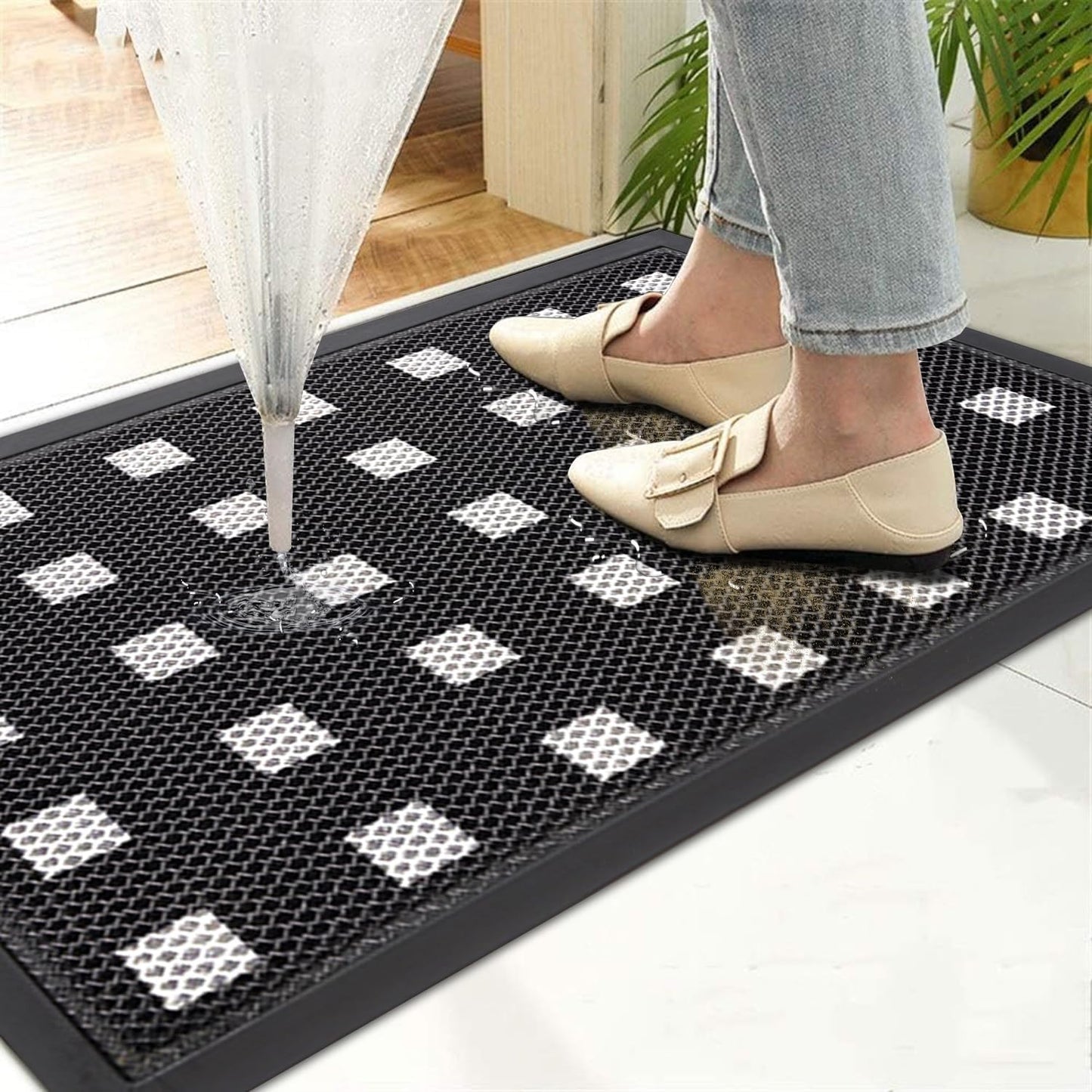 Front Door Mat Indoor/Outside Entrance 35"x24" Waterproof,Rubber Heavy Duty Outdoor Rug for Back Door Dirt Trapping,All Weather Entryway Mat,Black and White