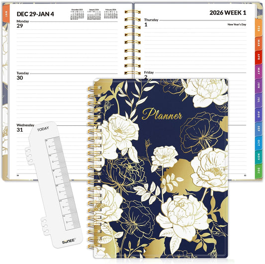 SUNEE 2026 Weekly and Monthly Planner - from January 2026 - December 2026, 6.4" x 8.3" Daily Agenda Planner with Monthly Tab, Flexible Cover, Note Pages, Pockets, Bookmark, Dark Blue Marble