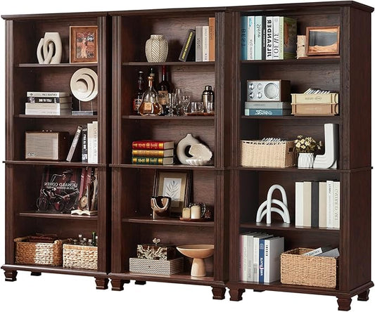 70" Tall Walnut Bookshelf,5 Tier Wooden Book Shelf with Adjustable Shelves & Wood Legs,Free Standing Farmhouse Bookcase with Open Display Storage,Vintage Bookshelves for Classroom, 3PCS