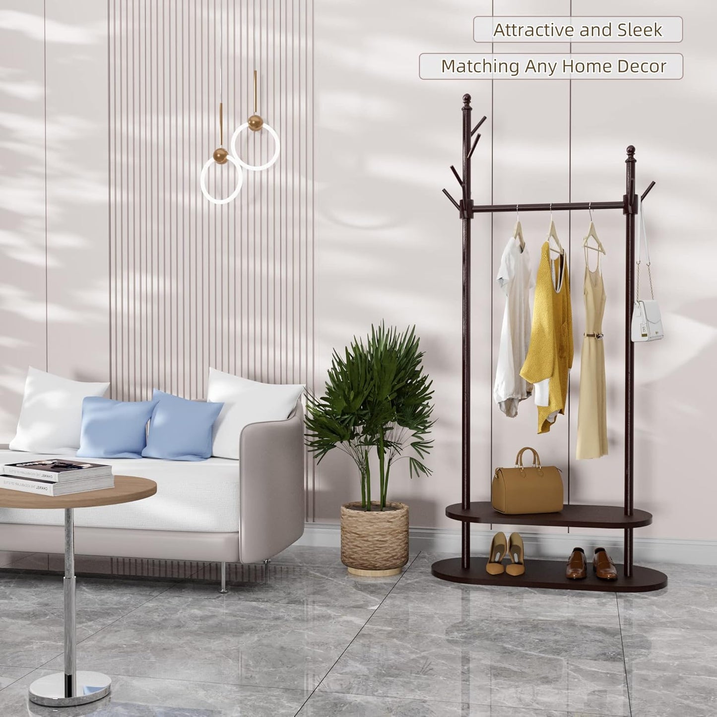 2-Tier Coat Rack Freestanding, Easy Assemble 8 Hooks Wooden Coat Rack with Shoe Storage Sturdy Coat Tree Save Space, Rustic Coat Stand for Entryway, Bedroom, Office (Dark Brown)