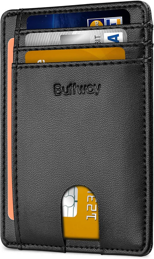 Buffway Slim Minimalist Front Pocket RFID Blocking Leather Wallets for Men and Women - Sand Black