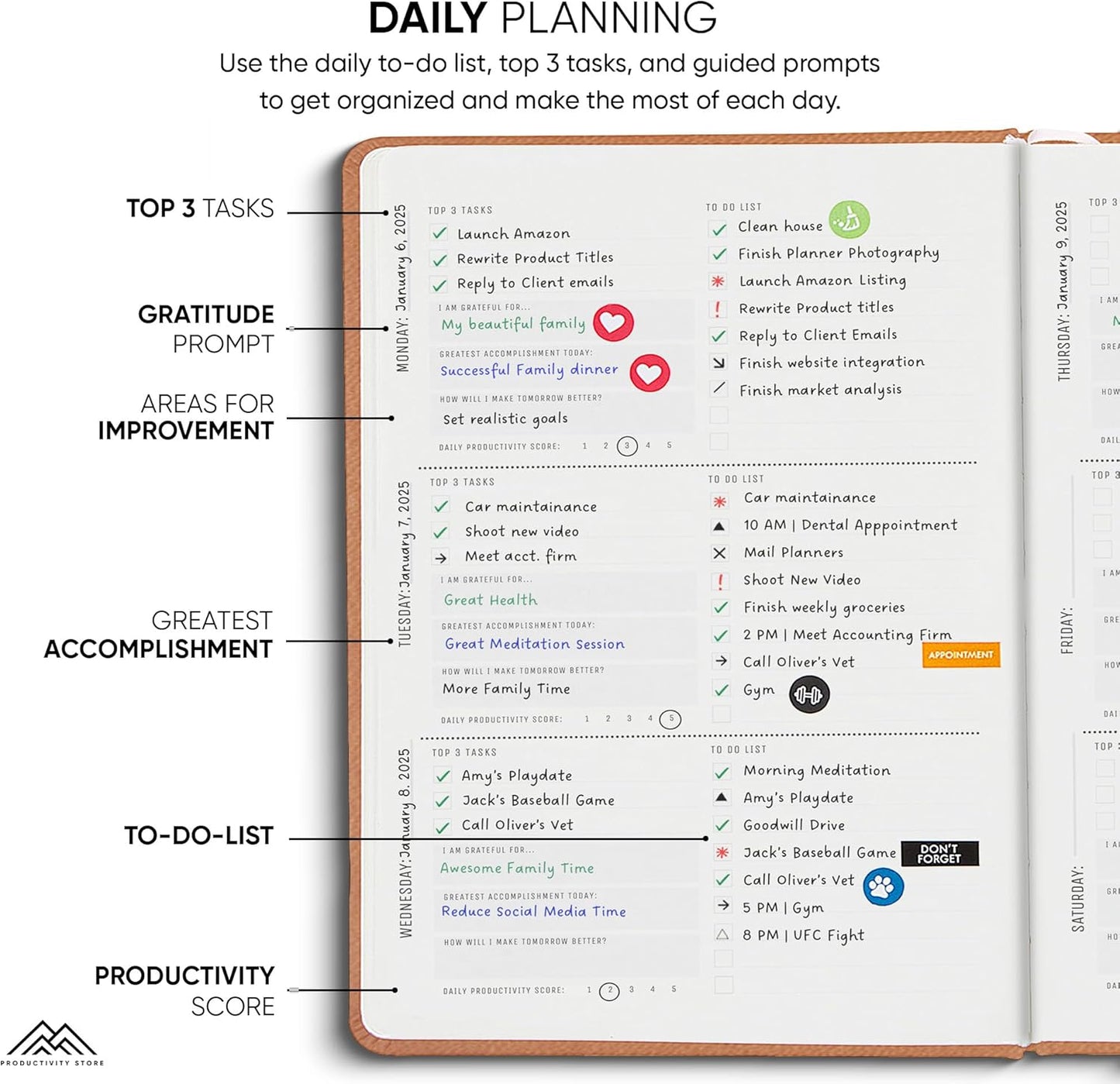 2025 Planner Pro 5.8 x 8.3 - Undated Productivity & Business Planner Notebook & Journal - Monthly Planner 2025 & Daily Planner 2025-2026 - A5 - Brown - Productivity Store