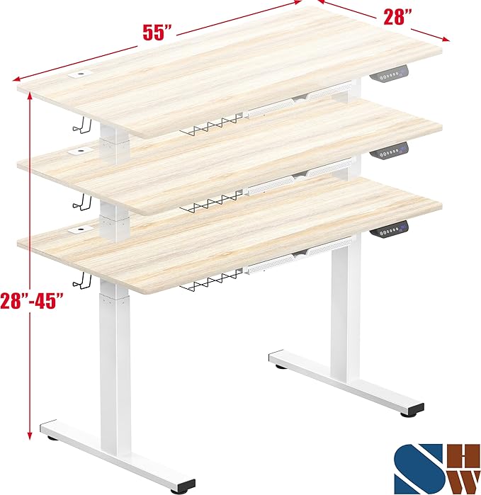 SHW 55 x 28 Inches Electric Height Adjustable Standing Desk with Drawer and Memory Preset, Maple