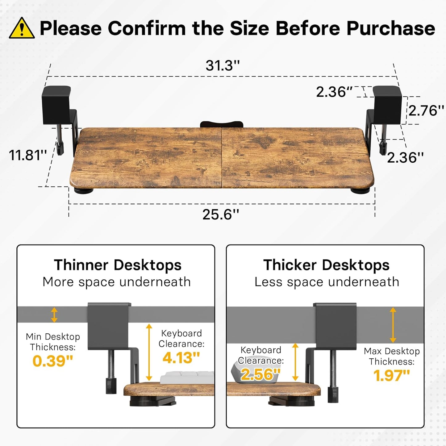 BONTEC KMT01 Under Desk Keyboard Tray, Pull-Out Keyboard & Mouse Platform with C-Clamp, 25.6 x 11.8 in Space-Saving Ergonomic Slide-Out Drawer, Rustic Brown