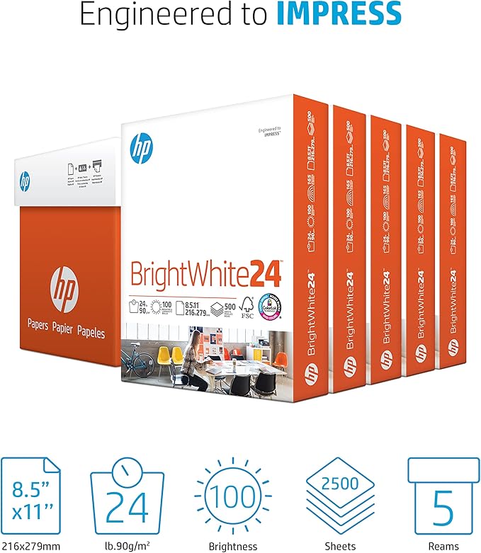 HP Printer Paper | 8.5 x 11 Paper | BrightWhite 24 lb | 5 Ream Case - 2500 Sheets |100 Bright | Made in USA - FSC Certified | 203000C