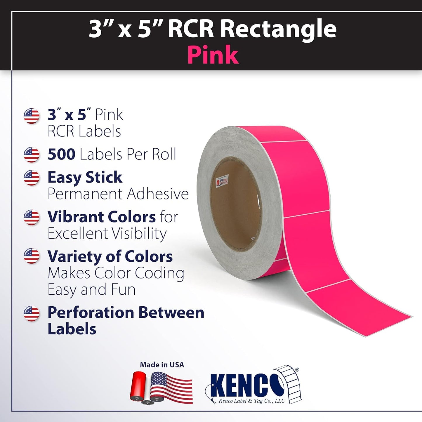 Kenco Color Coding 3 X 5 Rectangle Labels, Inventory Control Stickers 500 Labels Per Roll, Made in The USA (Fluorescent Pink)