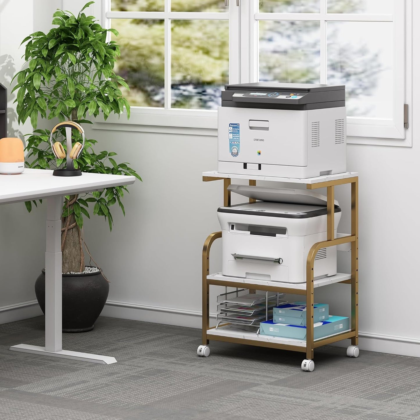 Printer Table with Storage for Home Office Organization, 3 Tier Printer Stand with Height Adjustable Shelf, Rolling Printer Cart with Wheels, White Gold