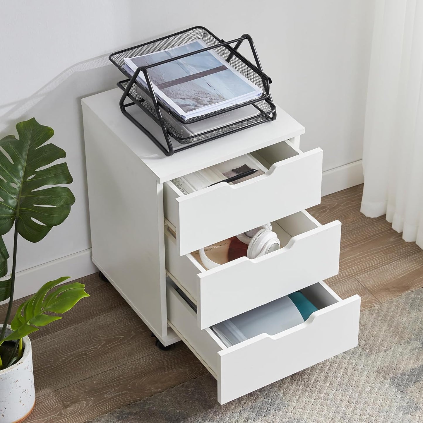 Farini 3-Drawer Under Desk Wooden File Cabinet with Lockable Caster Storage Cabinets for Home Office,White,Required Assembly