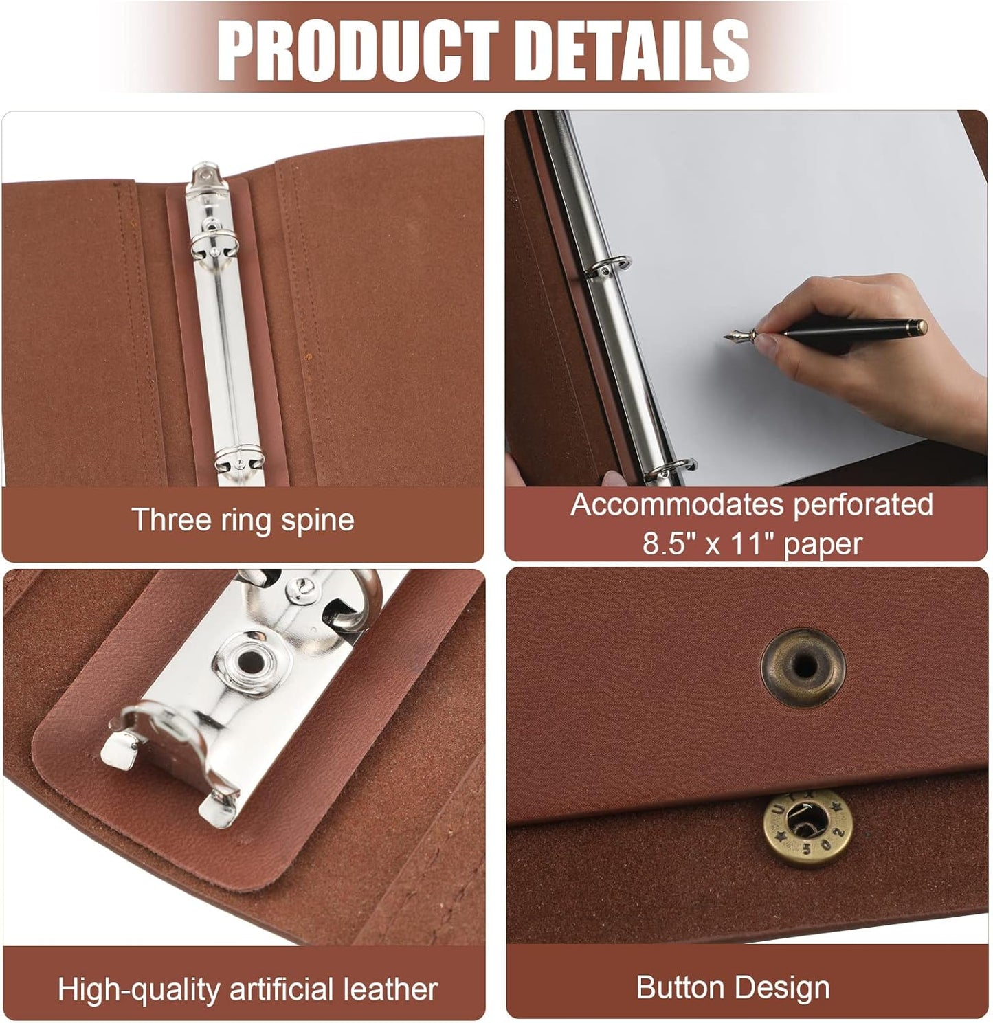 Leather 3 Ring Binder Holds 8.5 x 11 Inch Paper Binder Organizer Vintage Faux Leather Portfolio Folder Planner for Office Home Document Photo Diary Supplies(Chocolate)