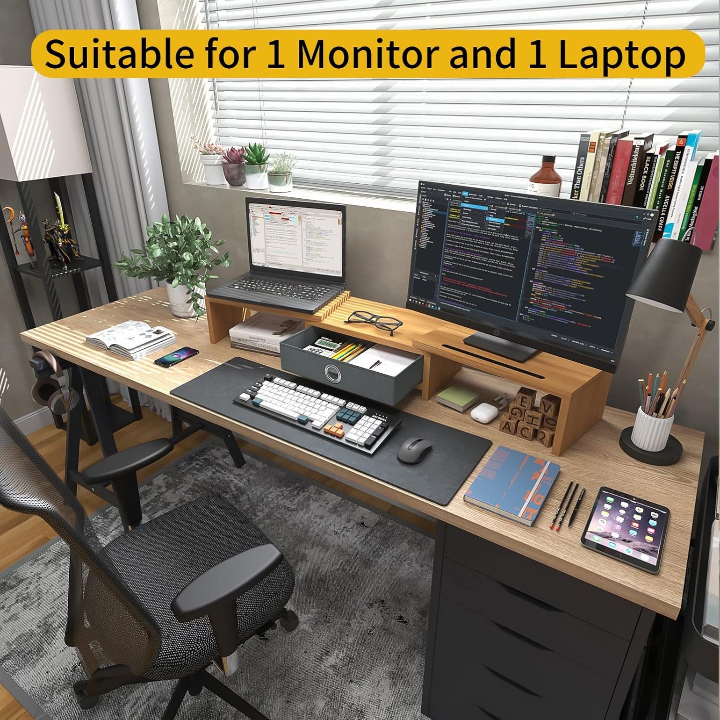 WESTREE Dual Monitor Stand Riser with Drawer - Adjustable Length and Angle, 2 Phone Hold, Desktop Organizer for Computer/Laptop/PC/Printer