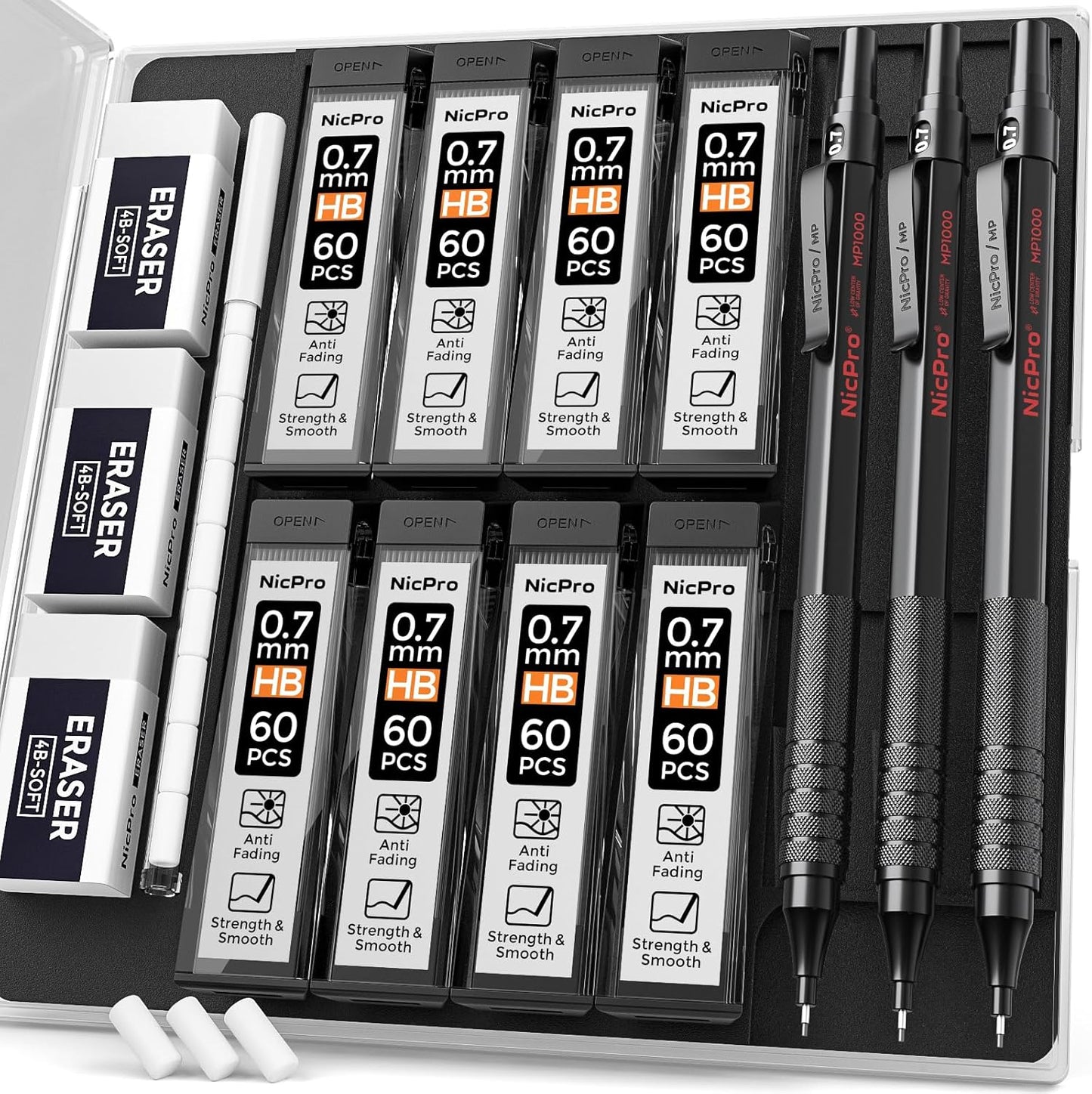 Nicpro 0.7 mm Mechanical Pencil Set with Case, 3 Metal Artist Pencil With 8 Tube HB Lead Refills, 3 Erasers, 9 Eraser Refills For Architect Art Writing Drafting Drawing, Engineering, Sketching, Black