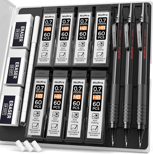 Nicpro 0.7 mm Mechanical Pencil Set with Case, 3 Metal Artist Pencil With 8 Tube HB Lead Refills, 3 Erasers, 9 Eraser Refills For Architect Art Writing Drafting Drawing, Engineering, Sketching, Black