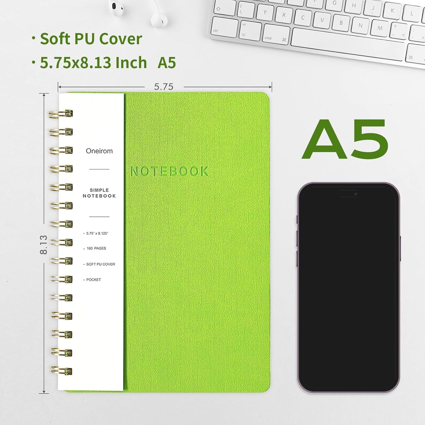 Lined Spiral Notebook College Ruled A5 Journal Book for Note Taking, 160 Pages Writing Journal for Office and Home School Supplies 5.75x8.125 inch (0Light Green-1)