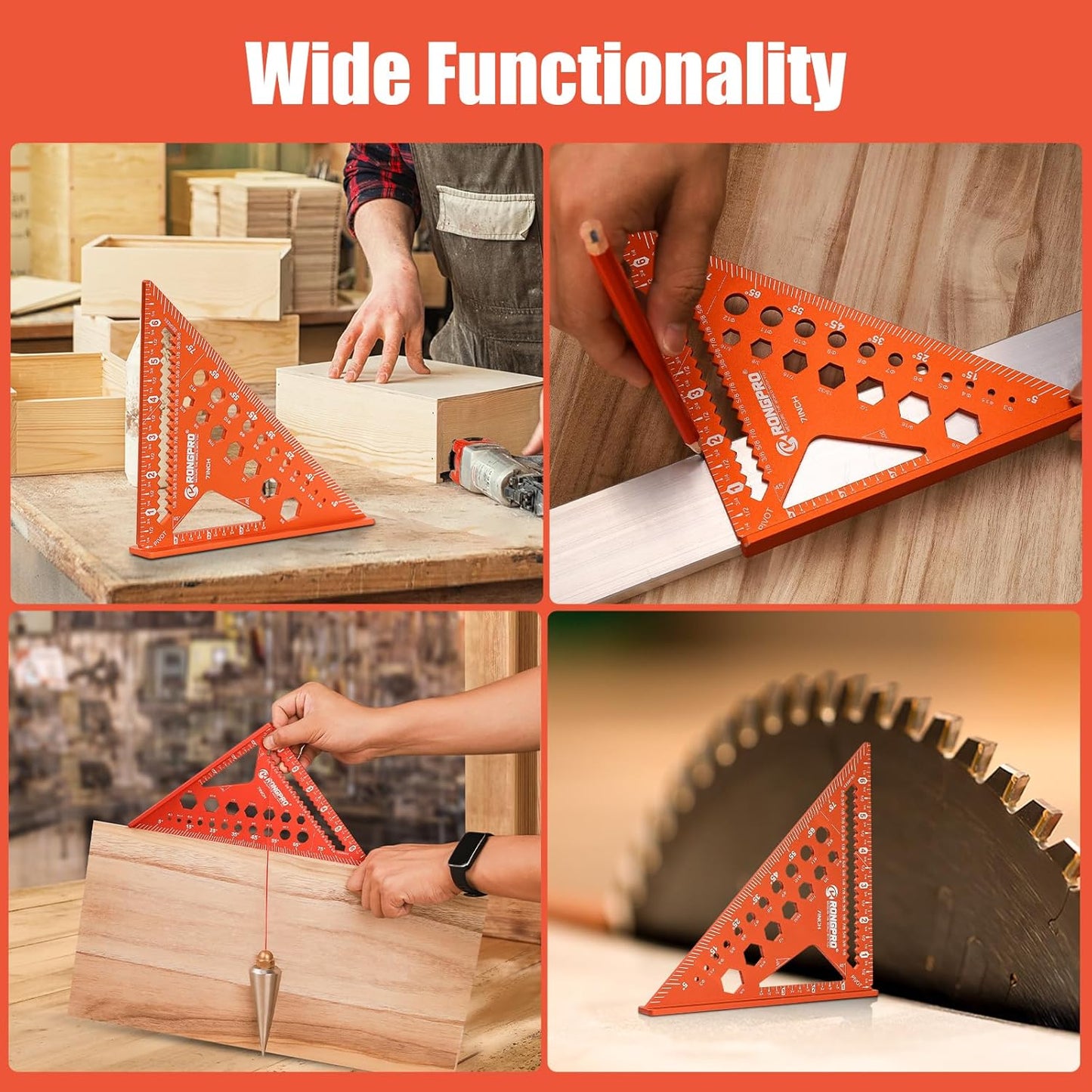 6-in-1 Carpenter Square 7 inch, Aluminum Rafter Square, Multi-Purpose Carpenter Tools : Wrench, Square, Protractor, Ruler, Marking Gauge, Drill Gauge, Includes 2pcs Carpentry Pencil (Champange)