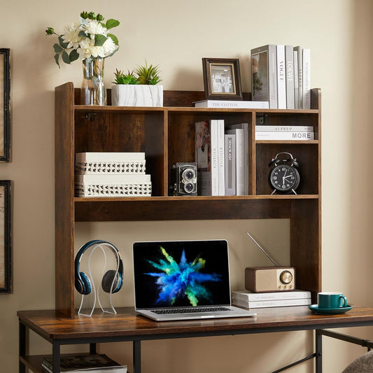 Desktop Bookshelf, Wooden Desk Storage Hutch with 6 Shelves for Computer Desk, 3-Tier Desktop Display Organizer Rack for Office Home (Brown)